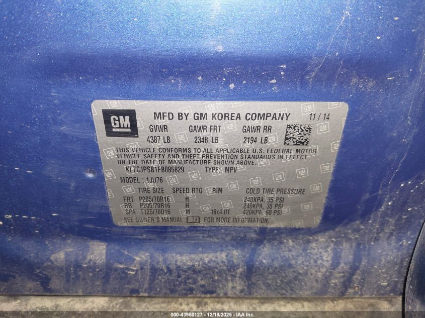 2015 Chevrolet Trax 1Ls VIN: KL7CJPSB1FB085829 Lot: 43950127