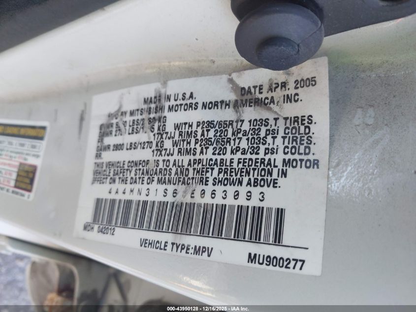 2005 Mitsubishi Endeavor Xls VIN: 4A4MN31S65E063093 Lot: 43950128