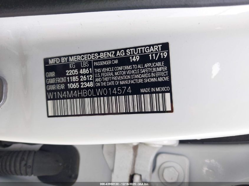 2020 Mercedes-Benz Glb 250 4Matic VIN: W1N4M4HB0LW014574 Lot: 43950130