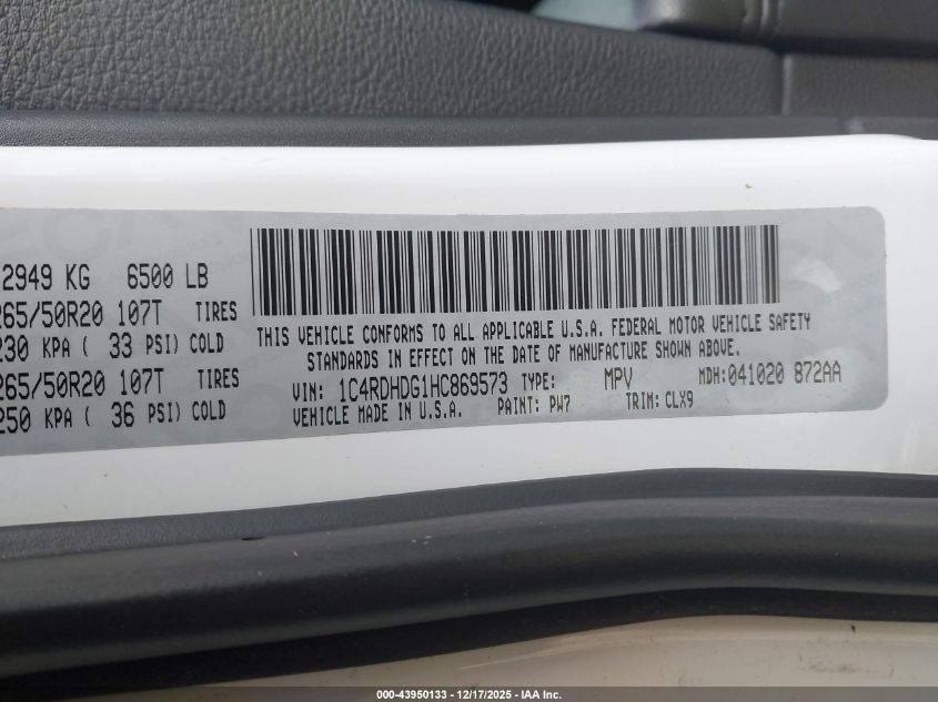 2017 Dodge Durango Gt Rwd VIN: 1C4RDHDG1HC869573 Lot: 43950133