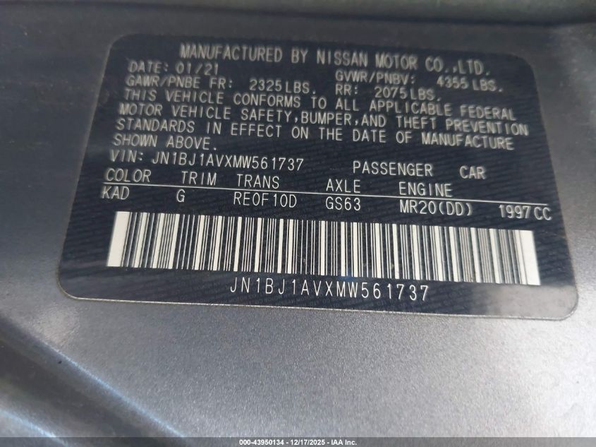 2021 Nissan Rogue Sport S Fwd Xtronic Cvt VIN: JN1BJ1AVXMW561737 Lot: 43950134