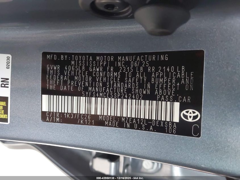 2025 Toyota Corolla Se VIN: 5YFS4MCE5SP242402 Lot: 43950138