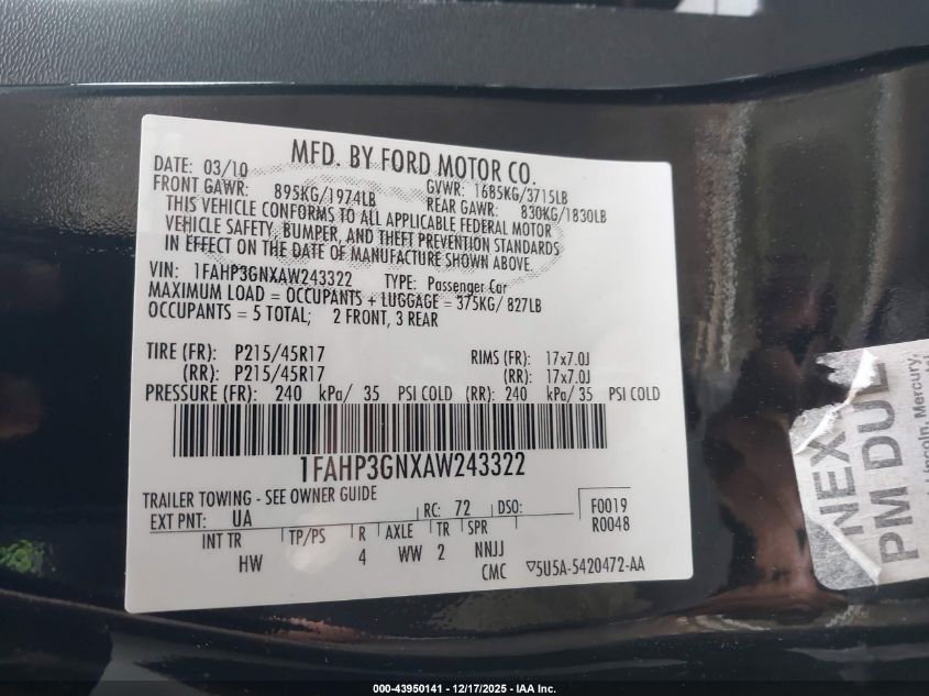 2010 Ford Focus Ses VIN: 1FAHP3GNXAW243322 Lot: 43950141