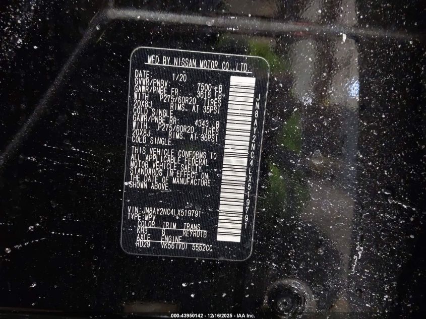 2020 Nissan Armada Sl 4Wd VIN: JN8AY2NC4LX519791 Lot: 43950142