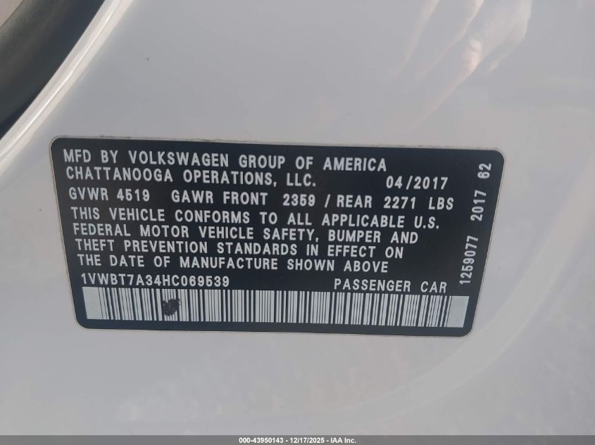 2017 Volkswagen Passat 1.8T Se VIN: 1VWBT7A34HC069539 Lot: 43950143
