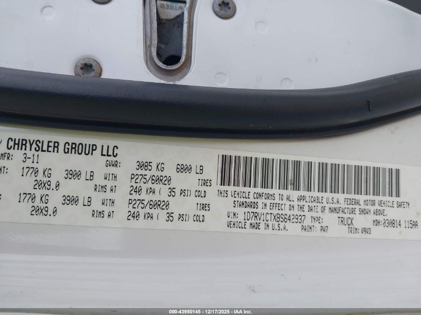 2011 Ram Ram 1500 Slt VIN: 1D7RV1CTXBS642937 Lot: 43950145