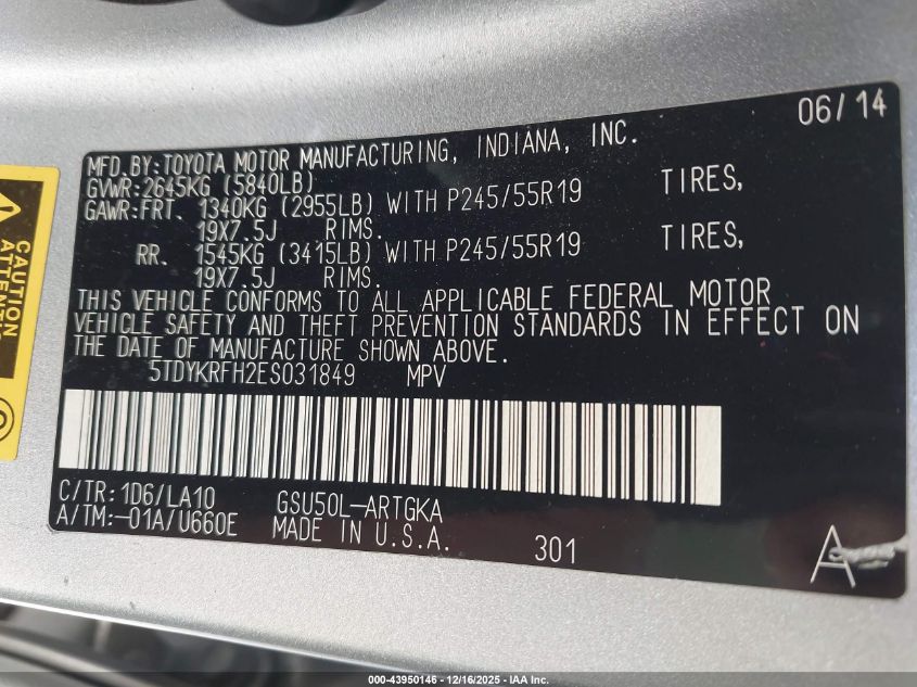 2014 Toyota Highlander Limited V6 VIN: 5TDYKRFH2ES031849 Lot: 43950146