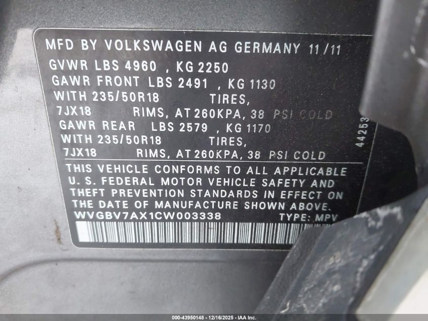 2012 Volkswagen Tiguan Se VIN: WVGBV7AX1CW003338 Lot: 43950148