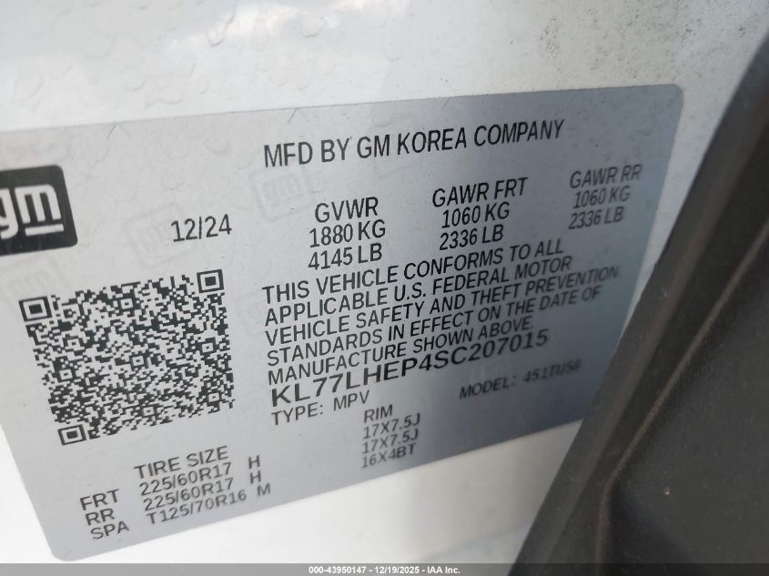 2025 Chevrolet Trax Fwd Lt VIN: KL77LHEP4SC207015 Lot: 43950147