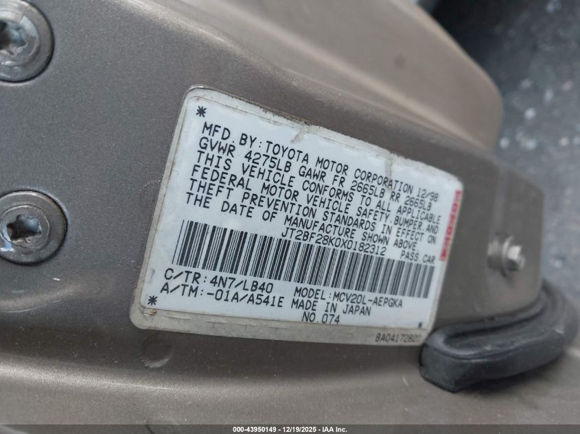 1999 Toyota Camry Xle V6 VIN: JT2BF28K0X0182312 Lot: 43950149