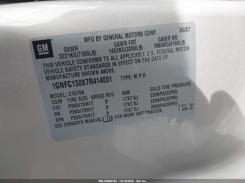 2007 Chevrolet Tahoe Lt VIN: 1GNFC130X7R414001 Lot: 43950152