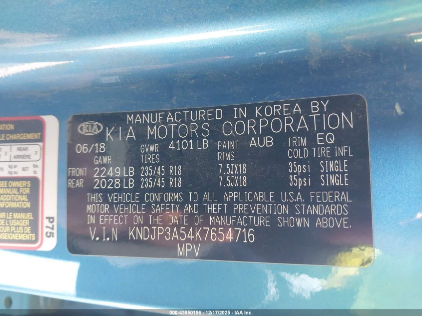 2019 Kia Soul + VIN: KNDJP3A54K7654716 Lot: 43950156