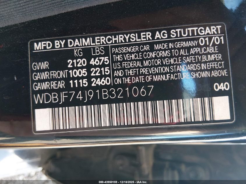 2001 Mercedes-Benz E 55 Amg VIN: WDBJF74J91B321067 Lot: 43950159