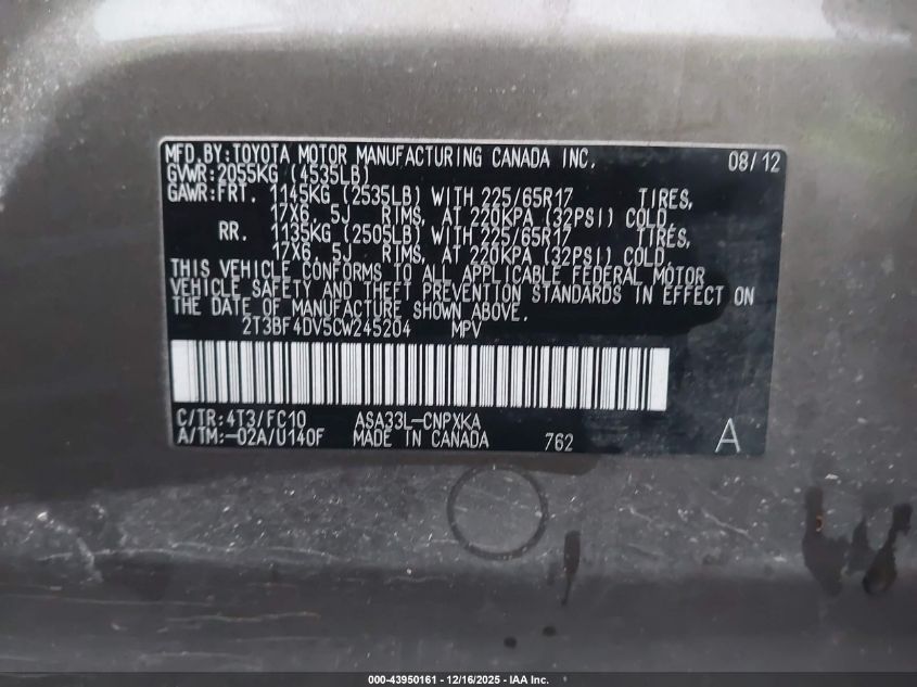 2012 Toyota Rav4 VIN: 2T3BF4DV5CW245204 Lot: 43950161