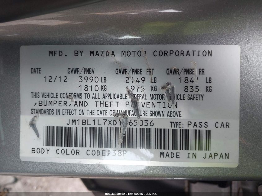 2013 Mazda Mazda3 I Touring VIN: JM1BL1L7XD1765036 Lot: 43950162