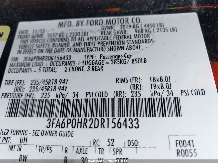 2013 Ford Fusion Se VIN: 3FA6P0HR2DR156433 Lot: 43950167