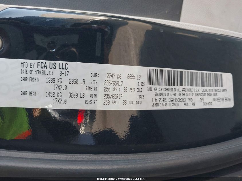 2017 Chrysler Pacifica Lx VIN: 2C4RC1CG0HR735303 Lot: 43950169