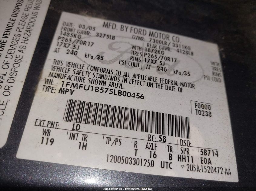2005 Ford Expedition Eddie Bauer/King Ranch VIN: 1FMFU18575LB00456 Lot: 43950170