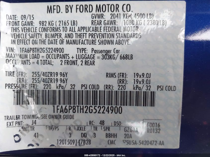 2016 Ford Mustang Ecoboost VIN: 1FA6P8TH2G5224900 Lot: 43950172