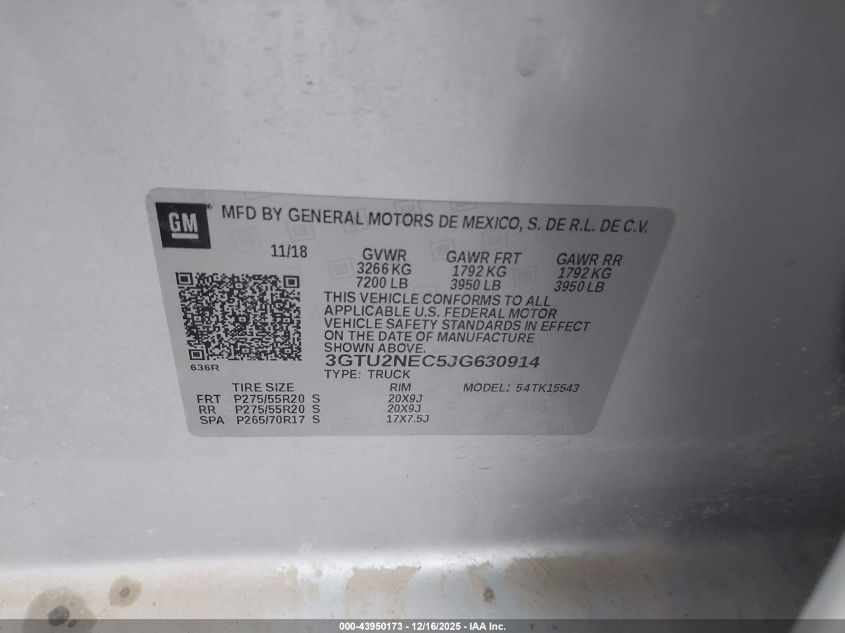 2018 GMC Sierra 1500 Slt VIN: 3GTU2NEC5JG630914 Lot: 43950173