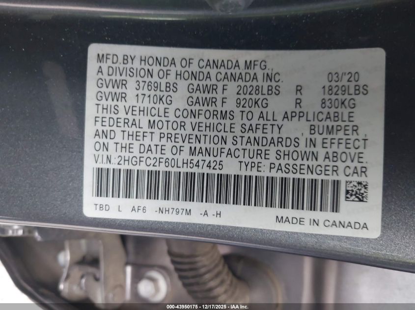 2020 Honda Civic Lx VIN: 2HGFC2F60LH547425 Lot: 43950175