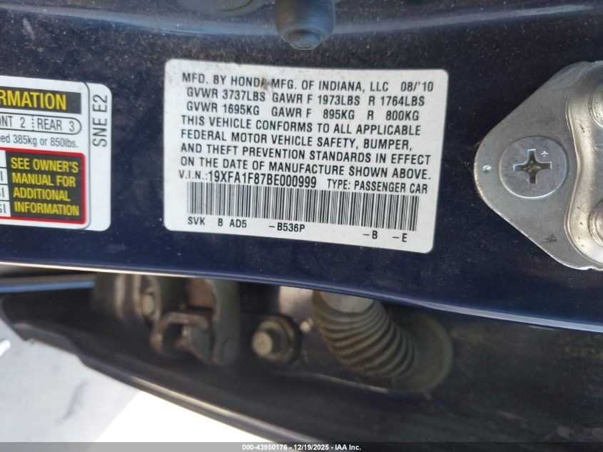 2011 Honda Civic Ex VIN: 19XFA1F87BE000999 Lot: 43950176