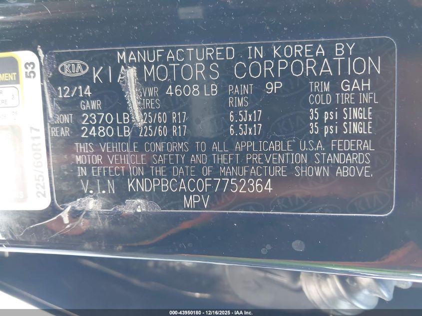 2015 Kia Sportage Lx VIN: KNDPBCAC0F7752364 Lot: 43950180