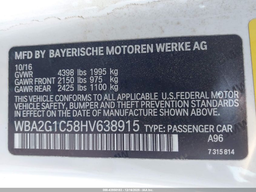 2017 BMW M240I VIN: WBA2G1C58HV638915 Lot: 43950183