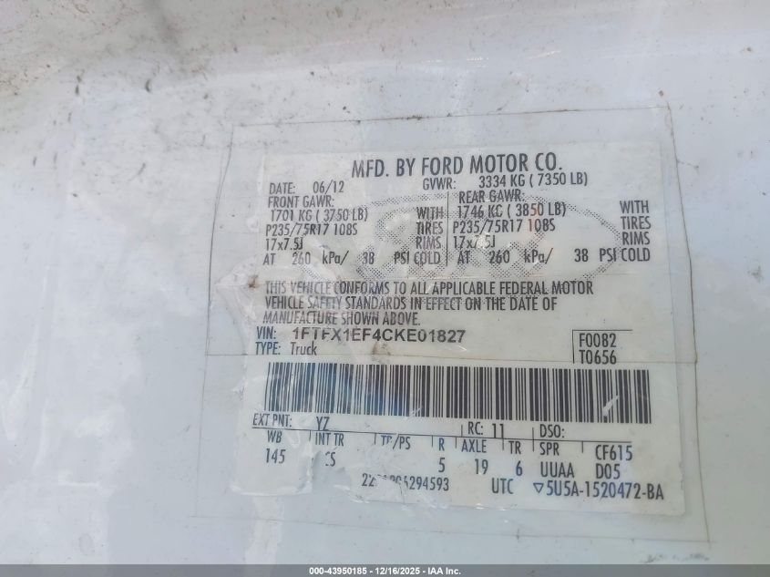 2012 Ford F-150 Stx VIN: 1FTFX1EF4CKE01827 Lot: 43950185