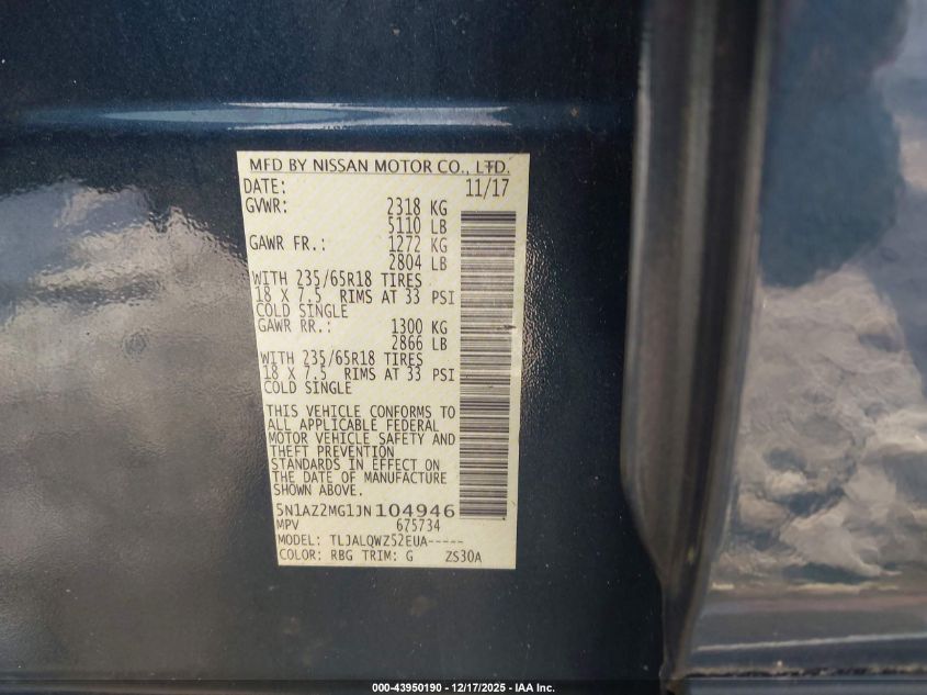 2018 Nissan Murano Sv VIN: 5N1AZ2MG1JN104946 Lot: 43950190