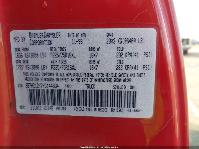 2000 Dodge Ram 1500 St VIN: 3B7HC12Y7YG144834 Lot: 43950191