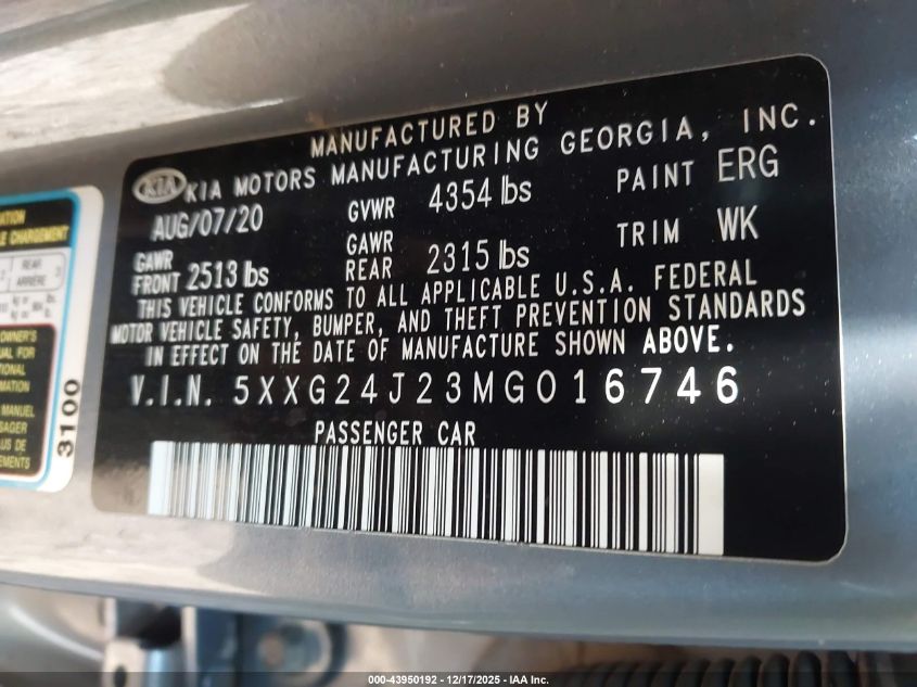 2021 Kia K5 Lx VIN: 5XXG24J23MG016746 Lot: 43950192