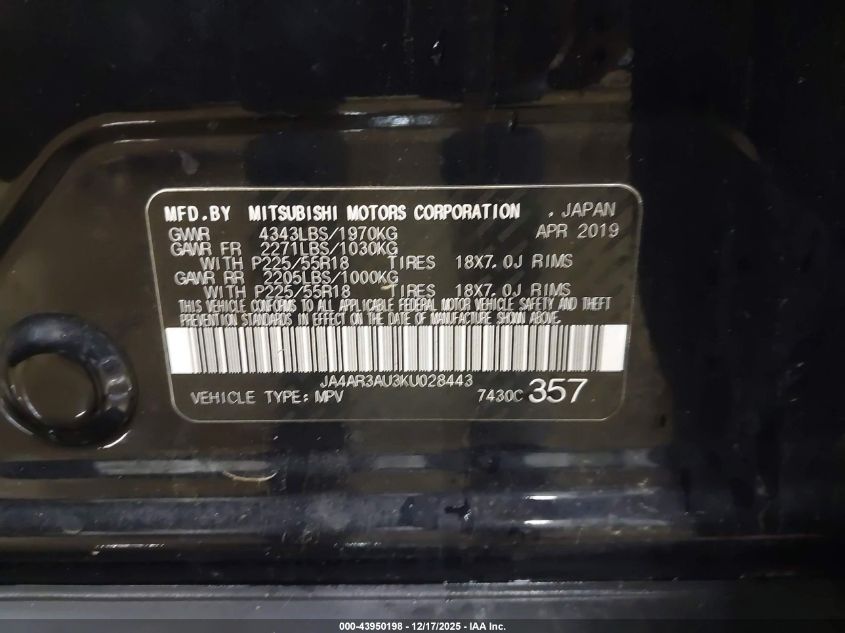 2019 Mitsubishi Outlander Sport 2.0 Es VIN: JA4AR3AU3KU028443 Lot: 43950198