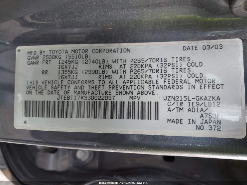 2003 Toyota 4Runner Limited V8 VIN: JTEBT17R330022097 Lot: 43950200