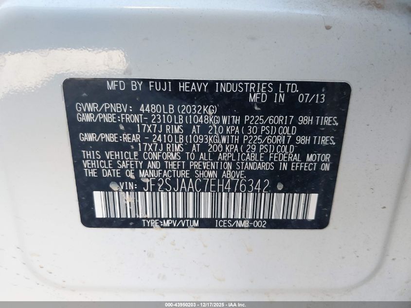 2014 Subaru Forester 2.5I VIN: JF2SJAAC7EH476342 Lot: 43950203