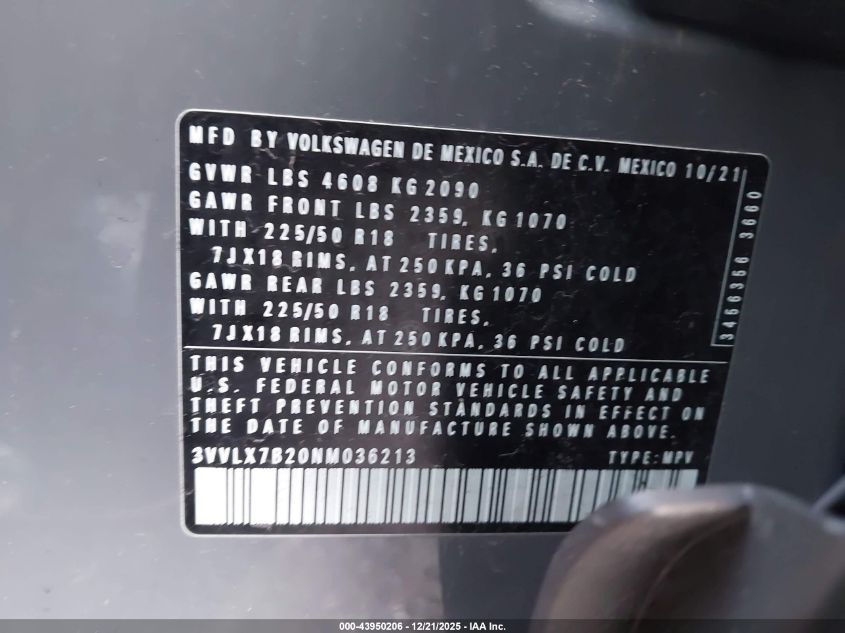 2022 Volkswagen Taos 1.5T Se VIN: 3VVLX7B20NM036213 Lot: 43950206