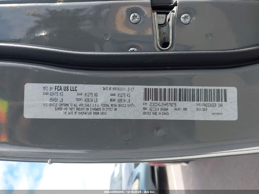 2017 Dodge Charger R/T Scat Pack Rwd VIN: 2C3CDXGJ5HH579278 Lot: 43950208