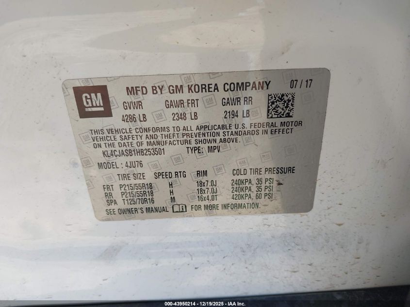 2017 Buick Encore Preferred VIN: KL4CJASB1HB253501 Lot: 43950214