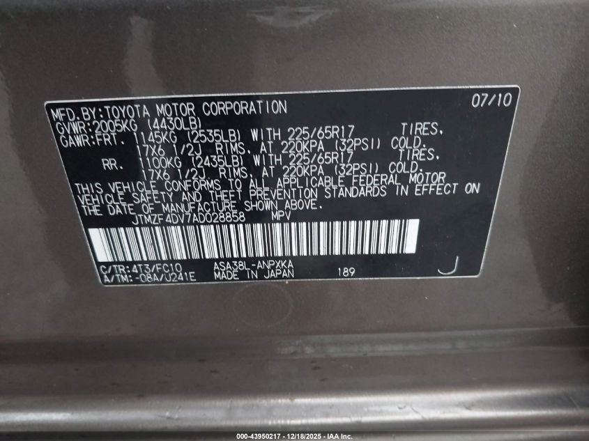 2010 Toyota Rav4 VIN: JTMZF4DV7AD028858 Lot: 43950217