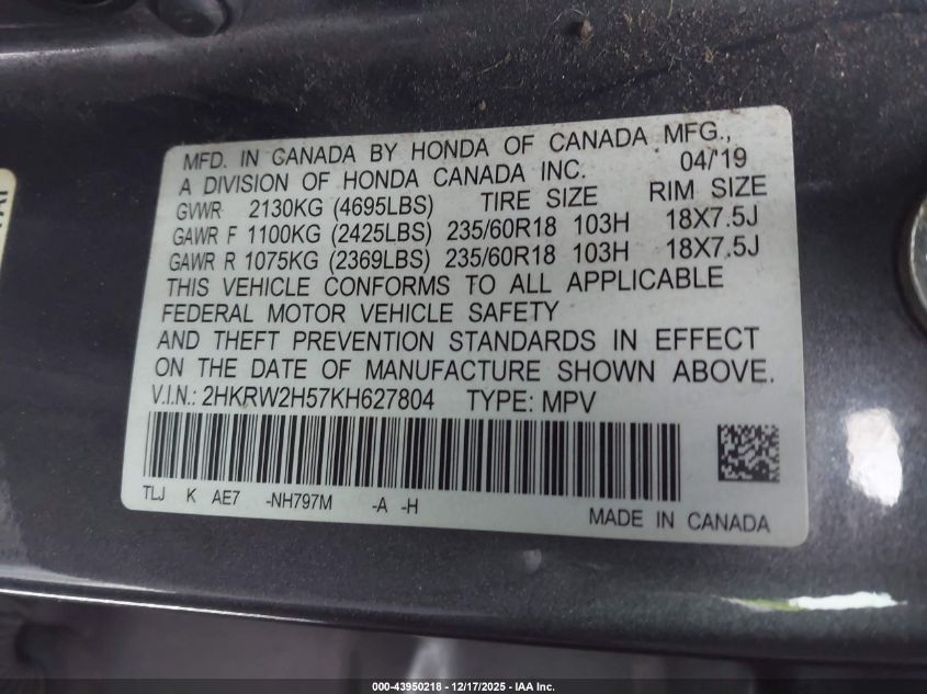 2019 Honda Cr-V Ex VIN: 2HKRW2H57KH627804 Lot: 43950218