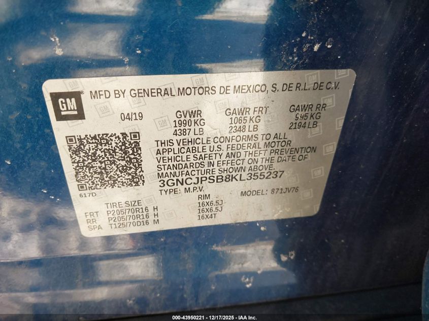 2019 Chevrolet Trax Lt VIN: 3GNCJPSB8KL355237 Lot: 43950221