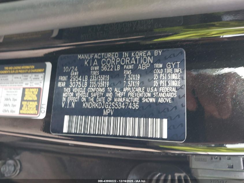 2025 Kia Sorento Hybrid Sx Prestige VIN: KNDRKDJG2S5347436 Lot: 43950222