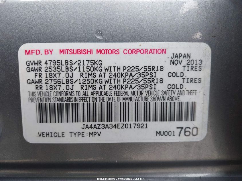 2014 Mitsubishi Outlander Se VIN: JA4AZ3A34EZ017921 Lot: 43950227