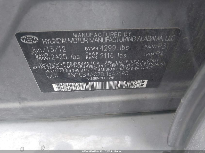 2013 Hyundai Sonata Gls VIN: 5NPEB4AC7DH547193 Lot: 43950228
