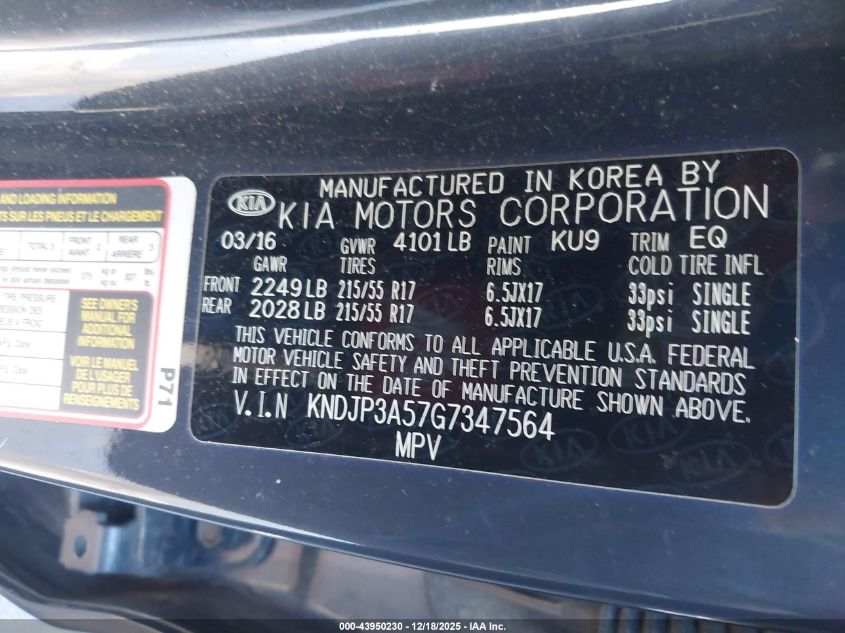 2016 Kia Soul + VIN: KNDJP3A57G7347564 Lot: 43950230