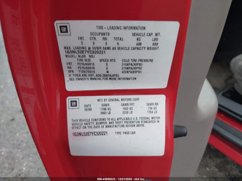 2000 Oldsmobile Alero Gl3 VIN: 1G3NL52E7YC320221 Lot: 43950233