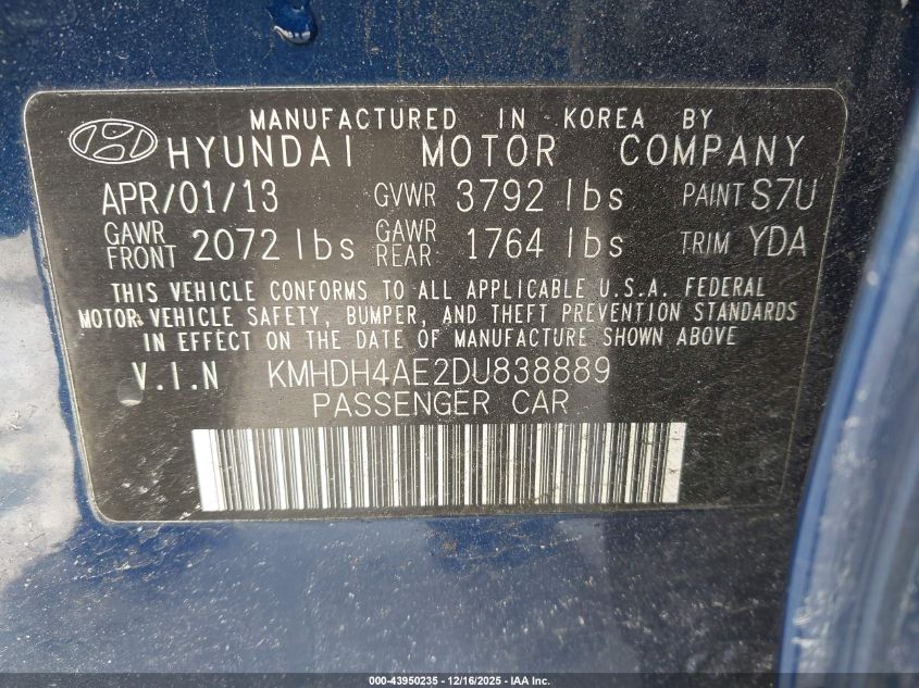 2013 Hyundai Elantra Gls VIN: KMHDH4AE2DU838889 Lot: 43950235