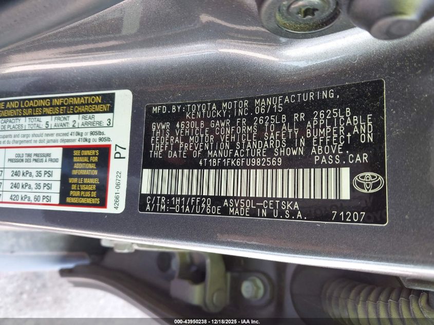 2015 Toyota Camry Se VIN: 4T1BF1FK6FU982569 Lot: 43950238