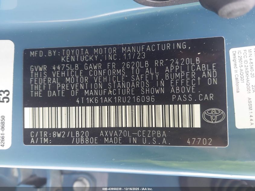 2024 Toyota Camry Xse VIN: 4T1K61AK1RU216096 Lot: 43950239