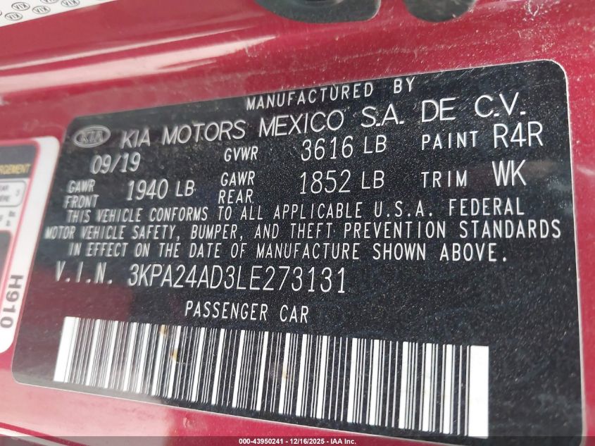 2020 Kia Rio S VIN: 3KPA24AD3LE273131 Lot: 43950241